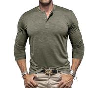 Button T Shirts for Men, Pullover Long Sleeve Three Button Tee Shirt, Trendy Basic Top Tee Daily Wear Fall Dark Green XL