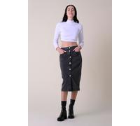 Enorsia Womens Washed Black Denim Midi Skirt with Button Opening at The Front, Back Welt Pocket, Front Pocket (Black, 14)