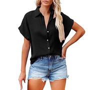 Button up Blouse Women's Solid Color Single Breasted Fashionable Casual Short Sleeved Shirt Oversize T Shirts for Women UK Plus Size Party Wear Womens Early Prime Deals Black