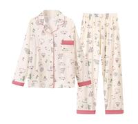 Button Up Pyjamas For Women Blanche Printed Brushed Cotton Piped Revere Collar Pyjama Loungewear Fashion Long Sleeve Button Down Shirts Comfy Sleepwear Nightwear Casual Relaxed Fit