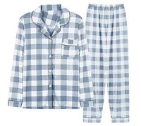 Button Up Pyjamas for Women Plus Size Womens Loose Comfy Pyjamas Button Down Loungewear Pyjamas Size 16 Cotton Two Piece Lounge Wear Set Cosy Pyjamas Teen Long Sleeve Plaid Pjs Soft Nightwear Blue