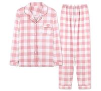Button Up Pyjamas for Women Plus Size Womens Loose Comfy Pyjamas Button Down Loungewear Pyjamas Size 16 Cotton Two Piece Lounge Wear Set Cosy Pyjamas Teen Long Sleeve Plaid Pjs Soft Nightwear Pink