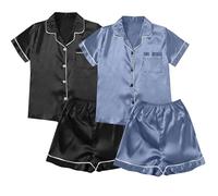 Button Up Pyjamas For Women Plus Size - Womens Silk Satin Pyjamas Set | Pyjama Bottoms 2 Pack Loungewear Sets Uk Plus Size Sleepwear Short Sleeve Nightwear Shorts Loungewear Set