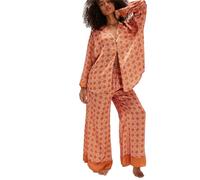 Button Up Pyjamas For Women Satin - Women'S Pyjama Sets Cotton Long Sleeve Botton Down V-Neck Tunic Tops With Comfy Pants Luxury Printed Loose Fit Two Piece Loungewear Sets Comfy Sleepwear Orange