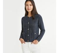 Buttoned Crew Neck Cardigan in Fine Knit Navy