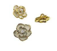 Buttons 18/23mm Camellia Buttons for Knitting Fashion Pearl Beaded Black White Metal Shank Button Sewing Accessories DIY Round(Metal Gold wt,23mm 6pcs)