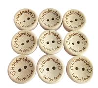 Buttons for Crafting 100pcs 15/20/25mm Carving Handmade with Love Wood Buttons Flatback 2 Holes Wooden Button Sewing Tools DIY Scrapbook Craft(B,15mm)