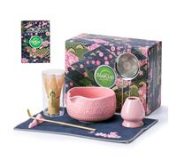 Buucup Matcha Whisk Set, 7 Pcs Pink Ceramic & Bamboo Matcha Kit with Bowl, Whisk, Holder, Scoop, Rest, Sifter, Tea Towel