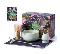 Buucup Matcha Whisk Set, Ceramic Matcha Set Includes Matcha Bowl, Matcha Whisk and Holder, Bamboo Scoop, Scoop Rest, Sifter and Tea Towel - 7 Pcs Matcha Kit for Matcha Lovers (Mint)