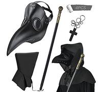 BUUFAN 4PCS Plague Bird Doctor Mask PU Leather Long Nose Beak Mask with Cloak Crucifixion Necklace Scepter for Cosplay Halloween