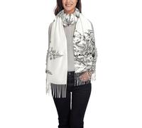 BUULOO Ladies Black And White Flowers Scarf, Printed Faux Cashmere Shawl Scarf Warm Comfortable Soft Scarf With Fringe Scarf Fashion Winter Gift.