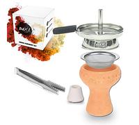 BUXI Shisha Head Set - Handmade Clay Head with Chimney Attachment + Strainer + Seal + Tongs - All Inclusive - Clay & Stainless Steel Construction for Intensive Taste