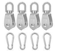 BuxiuGK Pulley Block Set,4 Pcs Single Pulley M15 & 4 Pcs Carabiner Hooks M4,304 Stainless Steel 360°Swivel Heavy Duty Pulley Roller for Ropes Lifting,Loading up to 35KG