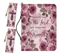 Buxolandt 2026 PU Leather Bible Bags for Women Organizer, Comes with 2 Leather Bookmarks Built-in Pocket, Bible Cover with Handle, Cross Pink Rose Text Print Women's Christian Gifts