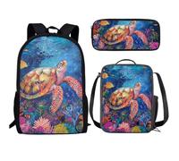 Buxolandt 3-in-1 Backpack Set 3D Print Elementary Bookbag for Students with Lunch Bag and Pencil Case Back to School Gift, 3d Marine Turtles Print, One Size