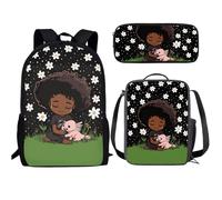 Buxolandt 3-in-1 Backpack Set 3D Print Elementary Bookbag for Students with Lunch Bag and Pencil Case Back to School Gift, Daisy African Black Girl, One Size