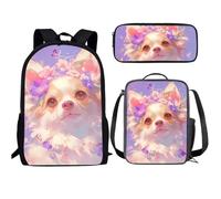 Buxolandt 3-in-1 Backpack Set 3D Print Elementary Bookbag for Students with Lunch Bag and Pencil Case Back to School Gift, Cute Dog With Garland, One Size