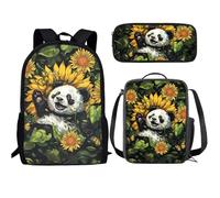 Buxolandt 3-in-1 Backpack Set 3D Print Elementary Bookbag for Students with Lunch Bag and Pencil Case Back to School Gift, Sunflower Panda, One Size