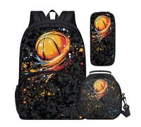 Buxolandt 3-Piece Backpack Set with Lunch Bag & Pencil Case - School Bag 16x11x6in with Front Pocket & Side Mesh Insulated Lunch Tote Pencil Pouch for Kids Teens, Basketball Camouflage Print