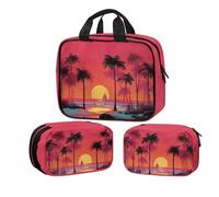 Buxolandt 3-Piece Toiletry Bag Set Waterproof Hanging - Sunset Coconut Tree Print Clear Cosmetic Organiser 32x26x9cm Large & 22x8x16cm Small for Travel Gym Business Trips Men Women