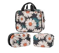 Buxolandt 3-Piece Waterproof Toiletry Bag Set with Hanging Hook - Painting Style Daisy Print Clear Travel Cosmetic Organiser 32x26x9cm + 22x8x16cm Wash Bags for Men Women Gym