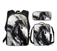 Buxolandt 3Pcs Backpack Set for Schoolchild with Lunchbox ＆ Pencil Case Black Horse Print Travel Rucksack Lightweight School Bag Insulation Lunch Bag for School