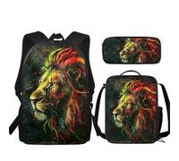 Buxolandt 3Pcs Backpack Sets for Teen,Jamaican Lion Print Cute Colorful Bookbag School Daypacks for Elementary Middle Students Stationery Bag and Lunch Bag for Back-to-School Season