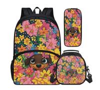 Buxolandt 3pcs Lightweight Backpack Set with Lunch Box & Pencil Case, 16.9 Inch Large Capacity Backpack Bottle Pocket, Tote Lunch Bag with Handle Tote for School, Flower Bush Puppy Print