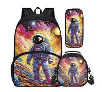 Buxolandt Astronaut Cool Planet Print 3pcs 16.9 in School Backpack Set with Lunch Box & Pencil Case, Lightweight Durable Backpack, Tote Bag with Handle Tote for Students & School Daily Use