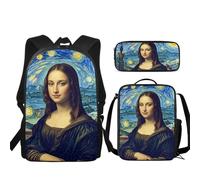 Buxolandt Backpack 3 Pieces Set with Lunch Bag and Pencil Case Combination Mona Lisa Second Creation Print for Work,Sport,Picnic Portable Laptop Backpack Travel Daypack Stationery Bag