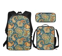 Buxolandt Backpack 3 Pieces Set with Lunch Bag and Pencil Case Combination Paisley Pattern for Work,Sport,Picnic Portable Laptop Backpack Travel Daypack Stationery Bag