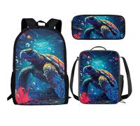 Buxolandt Backpack for Kids School Bag 3-in-1 Cartoon 3D Print with Lunch Bag and Zipper Pencil Bag Gifts for Back to School, Sea Turtle Print, One Size