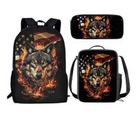 Buxolandt Backpack for Kids School Bag 3-in-1 Cartoon 3D Print with Lunch Bag and Zipper Pencil Bag Gifts for Back to School, American Flag Fire Wolf, One Size