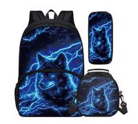 Buxolandt Backpack Lunch Bag Pencil Case Set - 3 Pieces, Spacious 44cm Waterproof Schoolbag with Organiser, Thermal Food Pouch, Stationery Holder for Schools, Cartoon Style Wolf Print