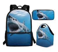 Buxolandt Backpack Set for School - 3 Piece Kit with 44cm Schoolbag, Insulated Lunch Bag & Pencil Case, Multiple Pockets, Water Bottle Holder for Students & Teens, Realistic Shark 3D Print