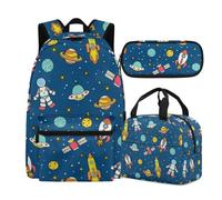 Buxolandt Backpack Set for School - 3 Piece Kit with 44cm Schoolbag, Insulated Lunch Bag & Pencil Case, Multiple Pockets, Water Bottle Holder for Students & Teens, Cartoon Astronaut Rocket Print