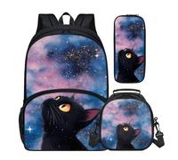 Buxolandt Black Cat Starry Night Print Ergonomic School Backpack Combo - Complete Set with Adjustable Bookbag, Insulated Lunch Pouch & Pencil Organiser - Reduces Back Strain for Growing Kids