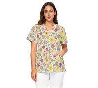 Buxolandt Boho Hippie Floral Scrubs for Women Plus Size Stretchy Scrub Tops V Neck Short Sleeve Nursing Uniforms with Pocket for Pediatric Clinic, Pet Doctor, Nurses Yellow 5X-Large