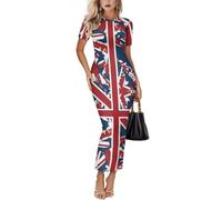 Buxolandt British Flag Print Women's Summer Mock Neck Bodycon Maxi Dresses Casual Short Sleeve Beach Vacation Long Dress for Wedding Guest, Homecoming, Party Red XX-Large