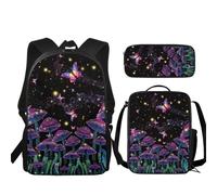 Buxolandt Butterfly Mushroom Print 3-Piece Backpack Set with Lunch Bag & Pencil Case - School Bag 44x28x13cm with Front Pocket & Side Mesh Insulated Lunch Tote Pencil Pouch for Kids Teens
