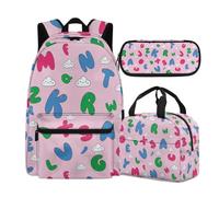 Buxolandt Cartoon Alphabet Cloud Print Large Capacity Backpack Set for College - Includes Laptop-Compatible Bookbag, Bento Lunch Box Organised Pencil Case - Perfect for Sixth Form University