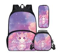 Buxolandt Cartoon Style Dragon Print Large Capacity Backpack Set for College - Includes Laptop-Compatible Bookbag, Bento Lunch Box Organised Pencil Case - Perfect for Sixth Form University