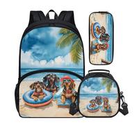 Buxolandt Cartoon Style Puppy Print 3-Piece Backpack Set with Lunch Bag & Pencil Case - School Bag 16x11x6in with Front Pocket & Side Mesh Insulated Lunch Tote Pencil Pouch for Kids Teens