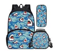 Buxolandt Cartoon Style Shark Print Backpack Set for School - 3 Piece Kit with 17in Schoolbag, Insulated Lunch Bag & Pencil Case, Multiple Pockets, Water Bottle Holder for Students & Teens