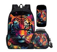 Buxolandt Cartoon Style Tiger Print Children's Backpack Set with Lunch Bag & Pencil Case - Lightweight School Essentials Kit, Waterproof Comfortable Straps for Primary & Secondary Students