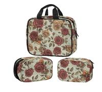 Buxolandt Classic Red Rose Leaf Print 3-Piece Toiletry Bag Set Waterproof Hanging - Clear Cosmetic Organiser 32x26x9cm Large & 22x8x16cm Small for Travel Gym Business Trips Men Women