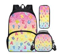 Buxolandt Colourful Alphabet Text Print Teen Backpack Kit - Matching 3 Piece School Set Including Large Bookbag, Insulated Lunch Tote & Multi-Compartment Pencil Case Trendy Designs for Students