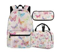 Buxolandt Colourful Glitter Butterfly Print Large Capacity Backpack Set for College - Includes Laptop-Compatible Bookbag, Bento Lunch Box Organised Pencil Case - Perfect for Sixth Form University