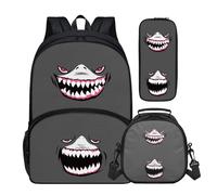 Buxolandt Creative Shark Pattern Print Children's Backpack Set with Lunch Bag & Pencil Case - Lightweight School Essentials Kit, Waterproof Comfortable Straps for Primary & Secondary Students