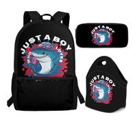 Buxolandt Creative Shark Text Print 3-in-1 Backpack Set for Students - Large 44cm Schoolbag with Front Zipper Pocket & Insulated Lunch Bag & Pencil Case Ideal for Elementary to High School
